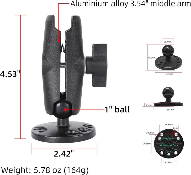 FPN 1" Ball Double Socket Arm with AMPS Hole Round Plate Base, Aluminum Alloy Arm&Drill Base, Compatible with RAM Mounts 1 Inch Ball Components, for Bike Car Motorcycle Phone Mount (4.53" Length) - Image 2